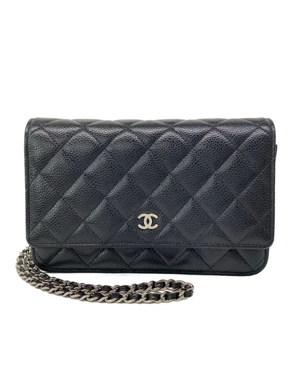 Chanel Wallet Quilted Black Chain Metal Silver Shoulder